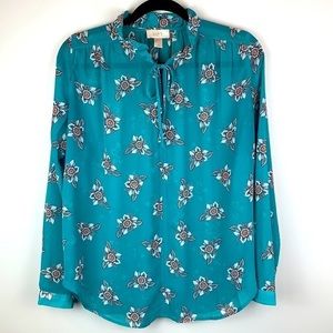 Loft Teal Ruffle Neck Floral Blouse